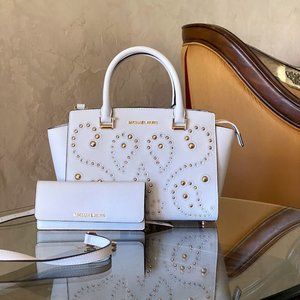 NWT MICHAEL KORS STUDDED SELMA MD SATCHEL+WALLET